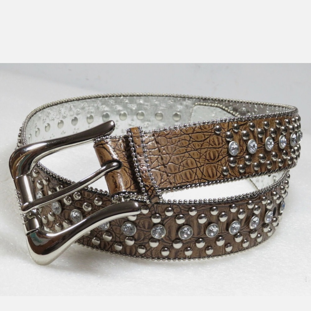 Guess Croc Embossed Belt Embellished with Silver Metal Studs & Crystals